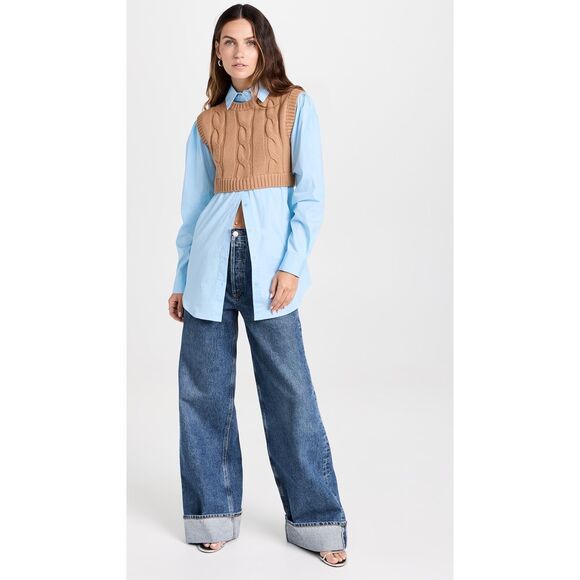 NWT Staud Cooper Knit Vest and Poplin Long-Sleeve Combo Shirt Camel $375 - Picture 4 of 12